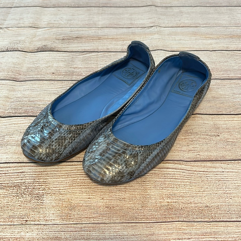 Tory Burch EDDIE Blue Leather Snakeskin Ballet Flats